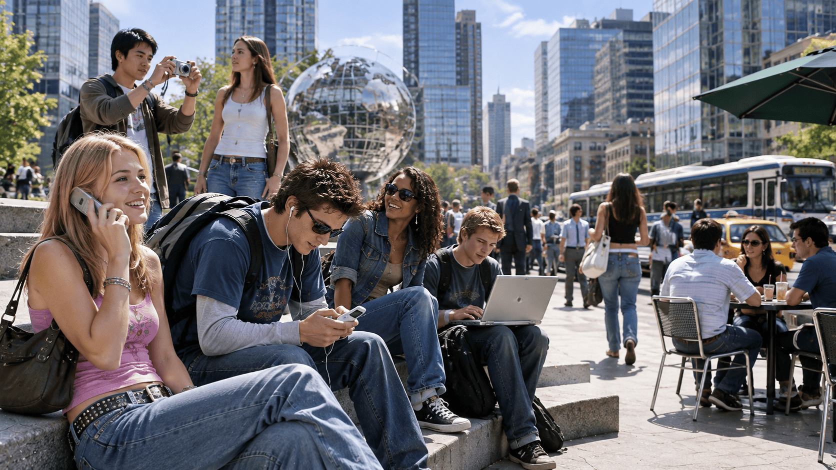 2000s daytime city plaza with young adults using flip phones, portable music players, compact digital camera and laptop
